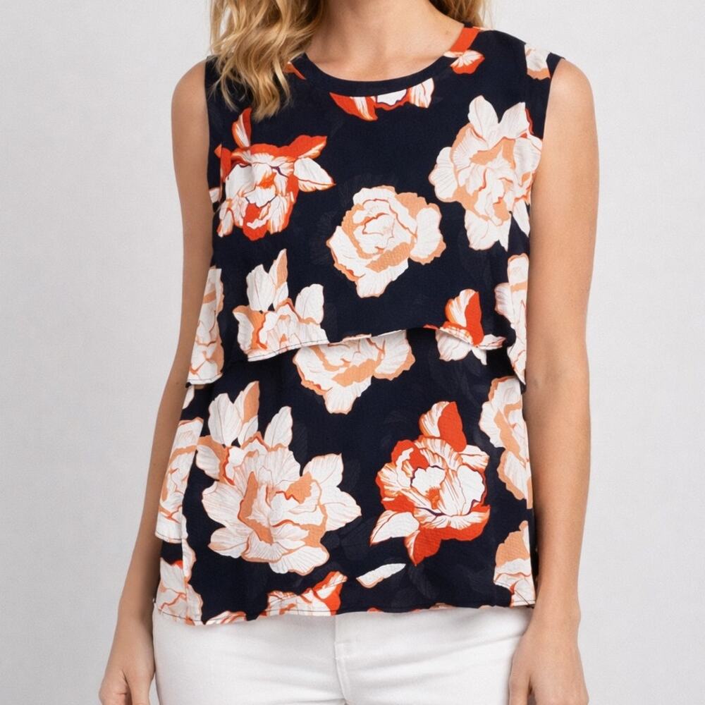 Cabi Blue and Orange Blossom Tiered Blouse Cap Sleeve Size Medium